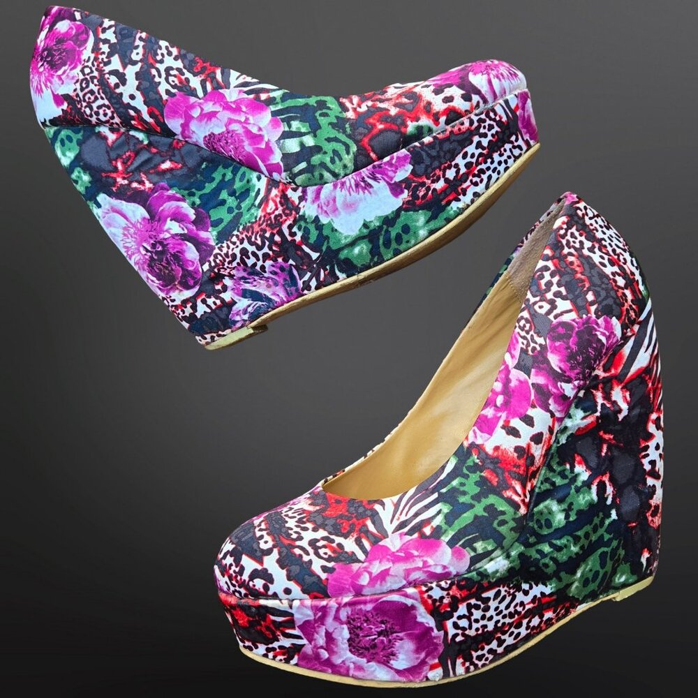 Chunky Platform Wedge Heels Size 10 Animal Print Floral Indie Emo Trashy Y2K